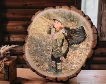 Custom Hunting Photo on Wood Slice: Rustic Cabin Decor Gift