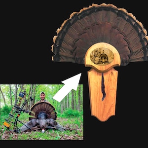 May include: A wooden turkey fan mount with a brown and black turkey fan. The mount has a rectangular plaque with a photo of a turkey hunter with a turkey. The plaque has a brown wood grain finish.
