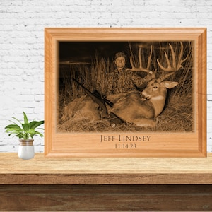 Personalized Portrait on Wooden Plaque - Unique Deer Hunter Gift, Custom Laser Hunting Engraved Photo, Cabin Decor for Him&quot;