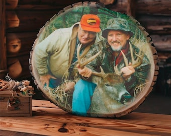 Personalized Hunting Photo Wood Slice Art: Rustic Cabin Decor Gift