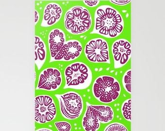 Frutti Print Stationery Folded Cards (5" x 7"), in lime green, white and purple, with Blank with Envelops