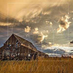 May include: A weathered wooden barn stands in a field of tall grass, with a dramatic sunset sky behind it. The sky is a mix of dark clouds and bright, golden clouds, with the sun shining through the clouds.