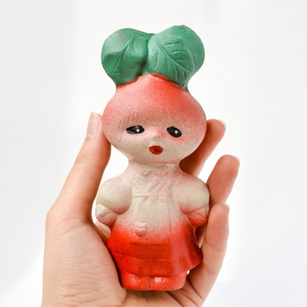 Radish Girl Toy / Cute Soviet Vintage Unusual Mutant Rubber Doll in Red Dress / Rare Collectible Kitsch Vegetable Toy / NEW OLD STOCK