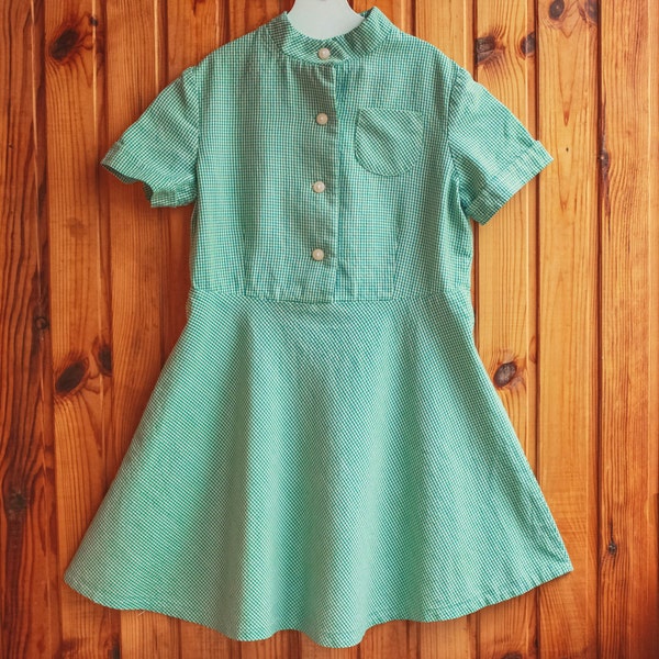 Soviet Tea Dress / Cute 1960's Ukraine Vintage Green Check / Gingham Day Dress / Girls Age 7 - 8 Short Sleeve Mod Summer Dress, USSR