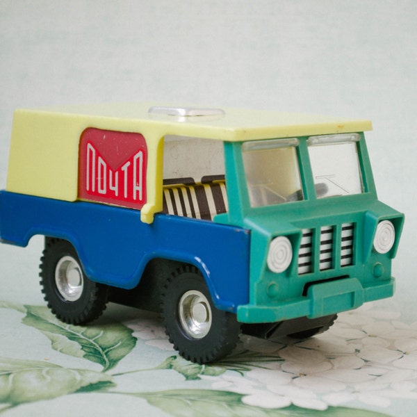 Soviet Postal Truck / Rare ColourBlock Lorry / USSR Toy Post Vehicle / Pastel Teal, Blue and Pale Yellow Car / Collectible Vintage Toy 1970