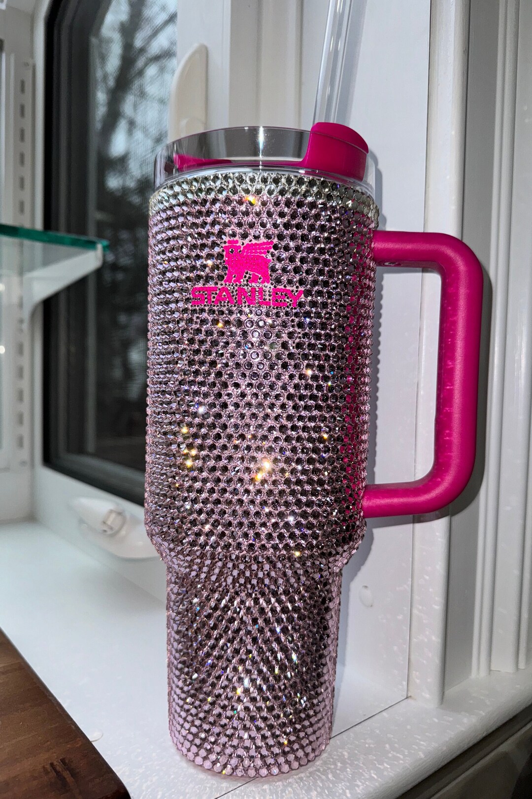 Rhinestone Stanley Tumbler, Light Rose & Neon Pink, 40oz Bedazzled Cup ...