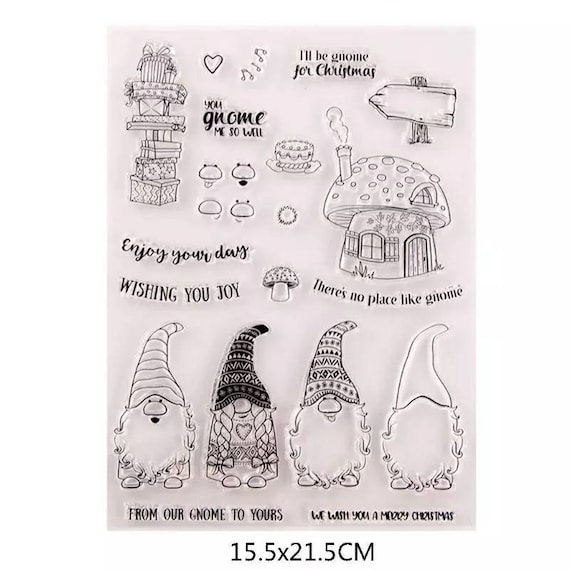 Christmas Clear Stamps for Card Making, Scarpbooking. Clear Stamp of Gnomes  and Christmas Sentiments. 