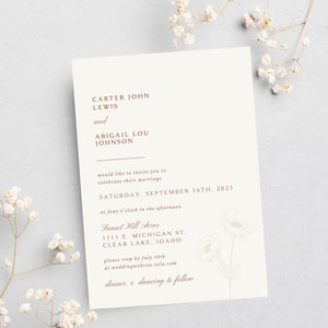 Rust Wedding Invite, Wildflower Wedding Invite, Minimalist Invitation, Rust Wedding Template