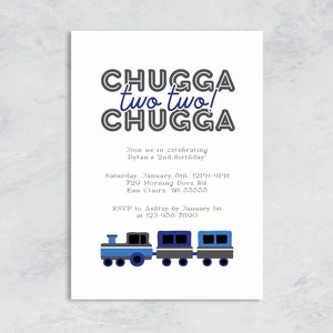 Train 2nd Birthday Invitation, Chugga Chugga Two Two Birthday Party, Blue Second Birthday Party Invite, Train Themed Party