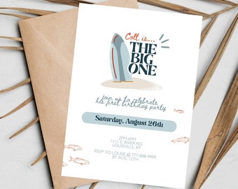 May include: A blue and white birthday invitation with a surfboard design. The text reads "Colt is... THE BIG ONE" and includes details for a first birthday party.