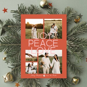 Descarga instantánea de tarjeta navideña única, tarjeta de Navidad con collage de fotos familiares, plantilla de tarjeta navideña Joy Peace Love