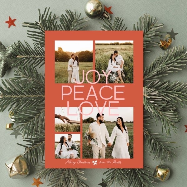 Unique Holiday Card Instant Download, Family Photo Collage Christmas Card, Joy Peace Love Holiday Card Template