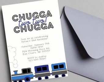 May include: A white invitation card with blue and gray train graphic. The text reads "CHUGGA two two! CHUGGA" and invites guests to Dylan's 2nd birthday party. Includes date, time, location, and RSVP information. A gray envelope is visible.