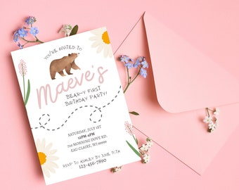 Beary First Birthday Invitation Template, Girl 1st Birthday (Digital Download)