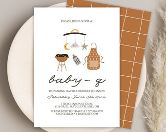 Invitación para baby shower BabyQ, plantilla de invitación para baby shower con barbacoa, plantilla para baby shower mixto, descarga instantánea.