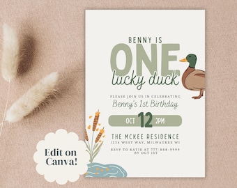 One Lucky Duck Invitation Template, One Lucky Duck Birthday Party Invite, Duck Themed Birthday Instant Download