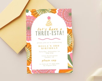 Three Esta Birthday Invitation, 3 Year Old Invite Editable Template, Fiesta Themed Party Download