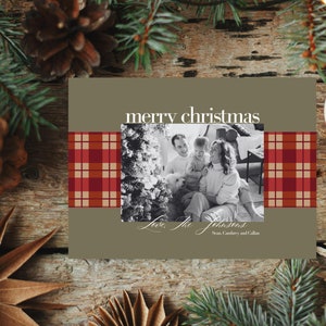 Modern Plaid Photo Christmas Card Template, Minimal Holiday Card Editable