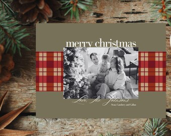 Modern Plaid Photo Christmas Card Template, Minimal Holiday Card Editable