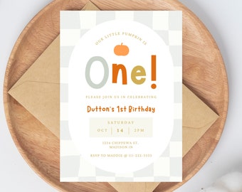 May include: A light blue and orange invitation with a white checkered background. The invitation says "Our little pumpkin is One!" and includes details for a first birthday party. The party is on October 14th at 2 PM. The address is 1234 Chippewa St., Madison IN. RSVP to Maddie at 111-222-3333.