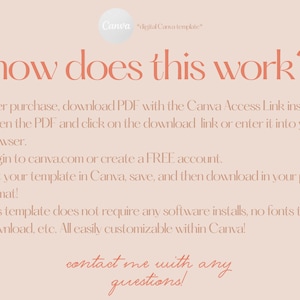 Peut inclure: Un graphique rose et blanc avec le texte "how does this work?" et une liste d'instructions sur la fa&ccedil;on d'utiliser un mod&egrave;le Canva. Le texte comprend "Apr&egrave;s l'achat, t&eacute;l&eacute;chargez le PDF avec le lien d'acc&egrave;s Canva &agrave; l'int&eacute;rieur. Ouvrez le PDF et cliquez sur le lien de t&eacute;l&eacute;chargement ou saisissez-le dans votre navigateur. Connectez-vous &agrave; canva.com ou cr&eacute;ez un compte GRATUIT. Modifiez votre mod&egrave;le dans Canva, enregistrez-le, puis t&eacute;l&eacute;chargez-le dans votre format pr&eacute;f&eacute;r&eacute;&nbsp;! Ce mod&egrave;le ne n&eacute;cessite aucune installation logicielle, aucune police &agrave; t&eacute;l&eacute;charger, etc. Enti&egrave;rement personnalisable dans Canva&nbsp;! contactez-moi pour toute question&nbsp;!"