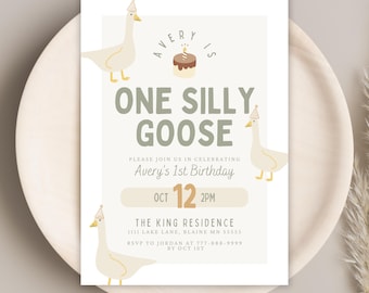 One Silly Goose 1st Birthday Invitation, Gender-Neutral Template (Digital Download)