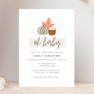 Invitación de baby shower de calabaza, pequeña calabaza en la ducha de camino, invitación de baby shower con temática de calabaza, totalmente personalizable
