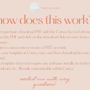 May include: A peach-colored digital Canva template with the text "how does this work?" in a large, elegant font. The text explains the process: download PDF, open link, log in to Canva, edit, and download. Contact information is at the bottom.