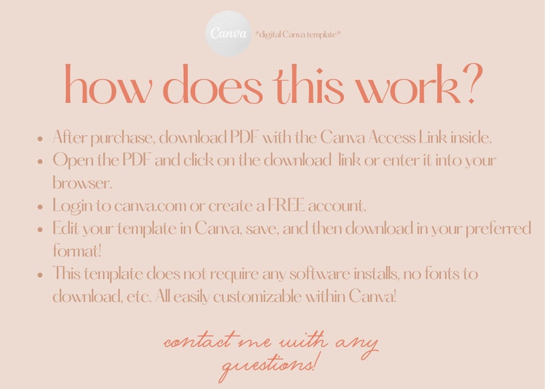 May include: A peach-colored digital Canva template with the text "how does this work?" in a large, elegant font. The text explains the process: download PDF, open link, log in to Canva, edit, and download. Contact information is at the bottom.