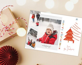 May include: A Christmas card with a collage of family photos. The card features a red and white stylized Christmas tree with the text "merry christmas" and "love, the Jacksons".