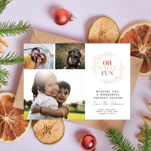 Oh What Fun Family Christmas Card Template, Unique Holiday Card Family Photo Collage Editable Instant Download
