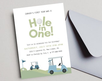Hole in One Birthday Party Invitation, Golf First Birthday Invite, Custom Golf Birthday Template