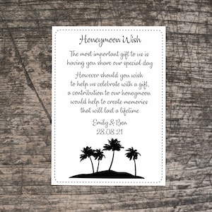 Personnalisé Mariage Lune de miel Money Wish Cartes-cadeaux sur White Card Dessert Island- vintage Style demande invitations de mariage