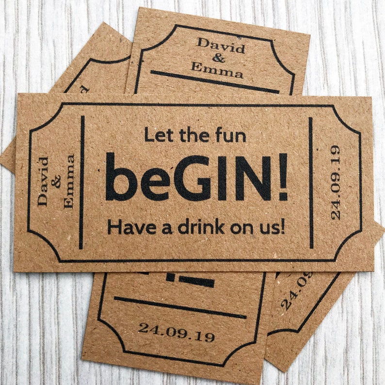 Personalised Wedding Gin Drink Tickets Brown Kraft Coupon