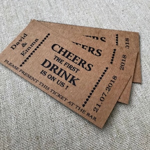 Billets de boisson de mariage personnalisés Coupon Kraft brun Cheers Reunion Party Bar Baptême Anniversaire Wake Card Événement d'entreprise personnalisé