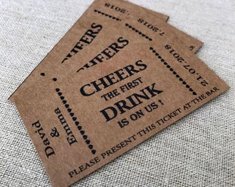 Wedding Drink Tokens personalised tickets Qty 50 - Brown Kraft Coupon - Cheers Party Bar - Card Vintage Custom Chic Rustic Voucher token