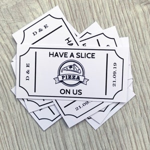 Archivo digital personalizado de boletos de comida para camión de pizza - Cupón blanco Fichas de comida Tarjeta de fiesta Boda personalizada Vale de comida dulce Bar Graduación