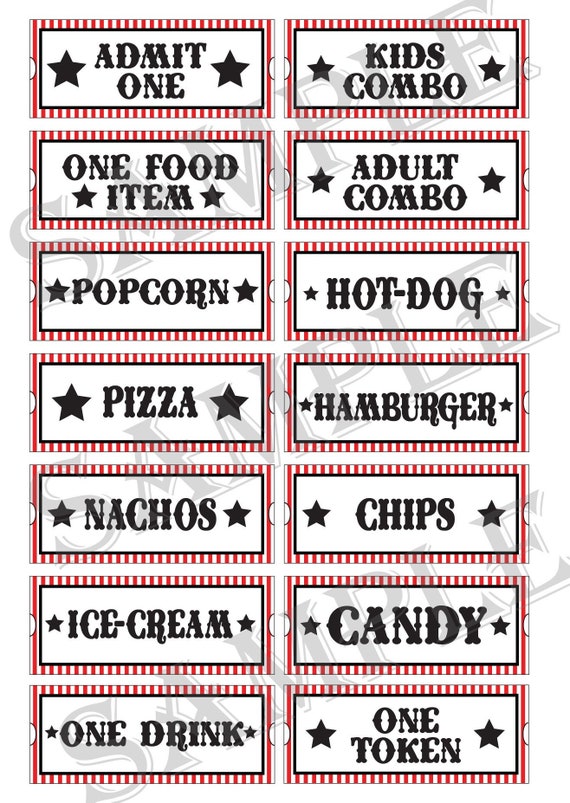 Food & Drink Token Carnival Event Theme Tickets Movie Night Tokens  Downloadable Templates Set of 14 Admit One Ticket Gala Fair