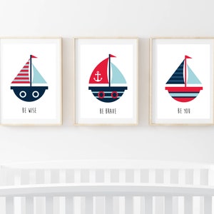 Nursery Wall Art Nautical Theme Set of 3 Prints Baby Boy Girl Gift Seaside Pictures incl Pirate Sea Boat Lighthouse Marine Theme Baby Shower