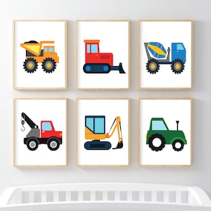 Vehicle Nursery Pictures set of 6 Digital Download Wall Art Tractor Train Truck Dozer Bulldozer Mixer Theme Space Baby Bedroom Print