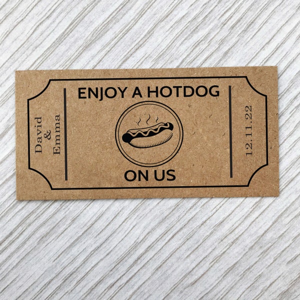 Food Truck Tickets Hotdog Van - Personalised 50 Kraft Card Wedding & Events - Coupon Tokens Party Cards Custom Ticket Meal Voucher Bar