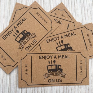 Food Truck Tickets - Wedding Personalised 50 Kraft Card - Coupons Wedding Meal Tokens Party Cards Custom event Meal Ticket Food Voucher Bar