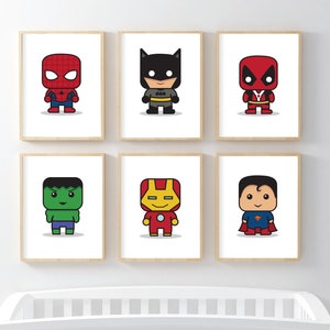 Superhero Kids Bedroom pictures set of 6 Prints for Action Nursery Theme Cool Cute characters DP Cartoon Super Game Room
