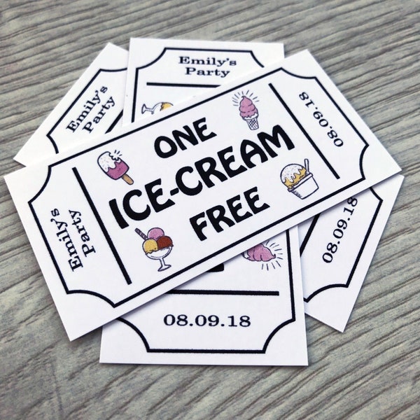Ice Cream Tokens personalised Wedding tickets Qty 50 - White Coupons Party Voucher Cards Vintage Custom Sweet 16 Parlour Food Truck Voucher