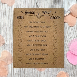 Wedding Game Guess Who Kraft Cards Qty 10 Trivia Place Setting Table Vintage Shabby Chic I-SPY Table Fun ice breaker