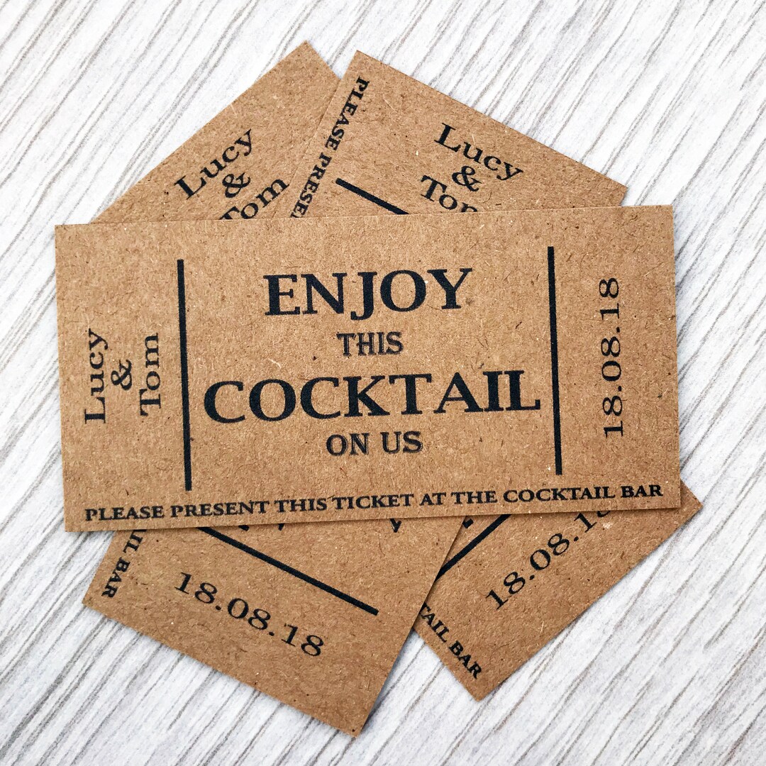 Wedding Cocktail Drink Tokens Personalised Tickets Qty 50 - Brown Kraft ...
