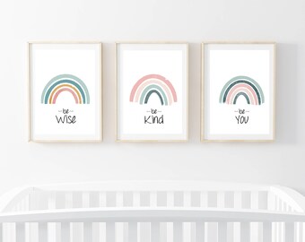 Rainbow Theme set of 3 Nursery Prints Wall Art Baby Boy Girl Pictures Baby decor gift Rainbow Pink Purple Blue Color Birthday Newborn