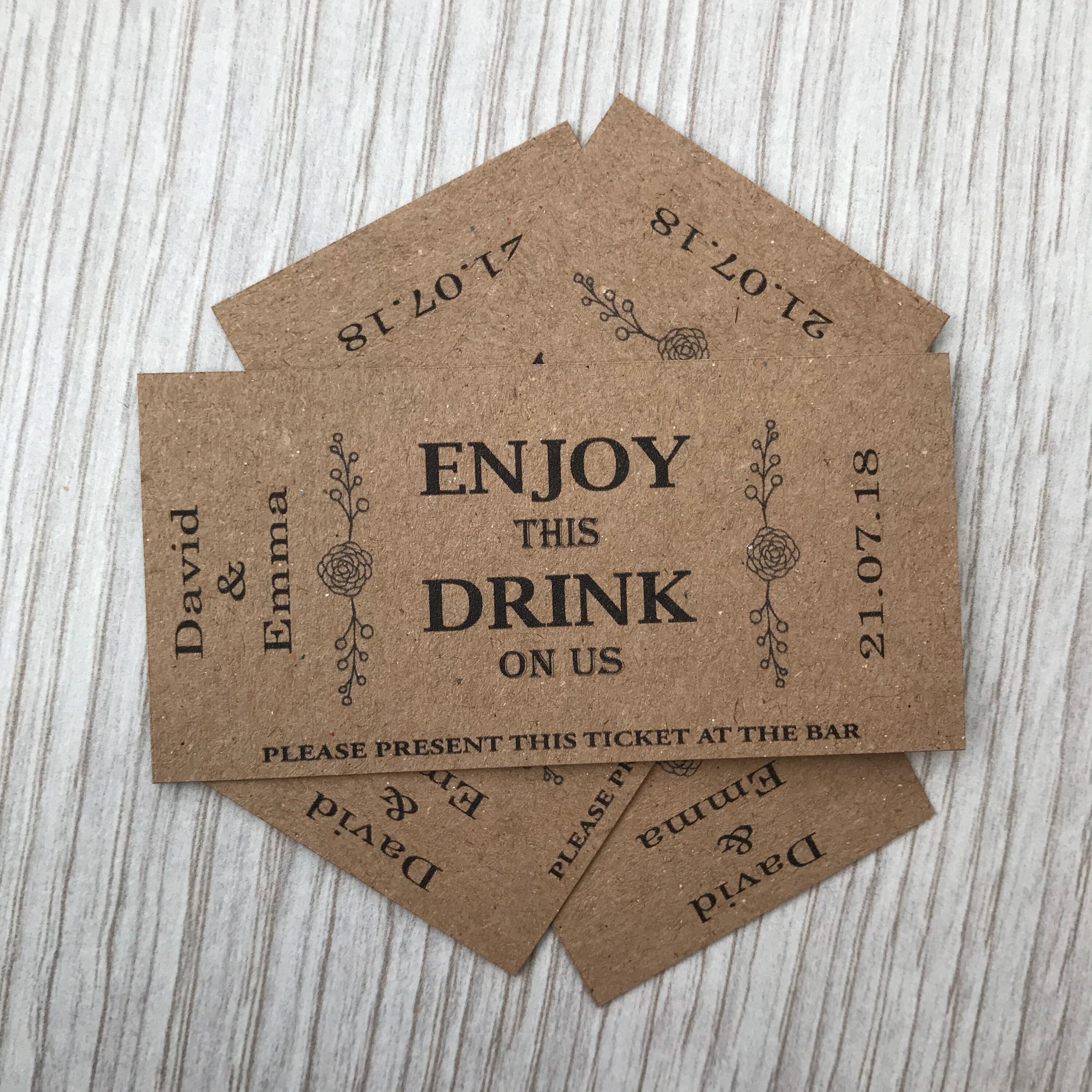 Personalised Wedding Drink Tickets Brown Kraft Coupon Cheers Party