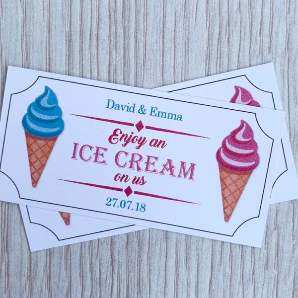 Ice Cream Tokens personalised Wedding tickets Qty 50 - White Coupons Party Cards Vintage Custom Chic Sweet 16 Parlour Food Truck Voucher