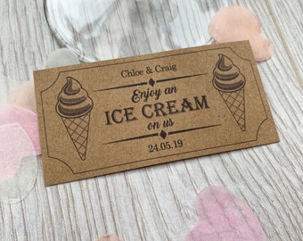 Ice Cream Tokens personalised Wedding tickets Qty 50 - Brown Rustic Coupons Party Voucher Cards Vintage Custom Parlour Food Truck Voucher